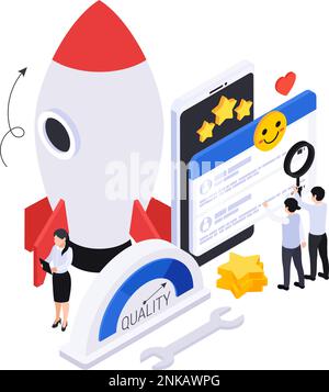 Business growth strategy isometric composition with icons of rocket tools stars likes and smartphone with people vector illustration Stock Vector