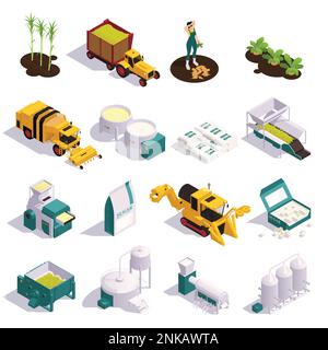 Sugar production isometric set of equipment for harvesting and processing cane and beet sugar isolated vector illustration Stock Vector