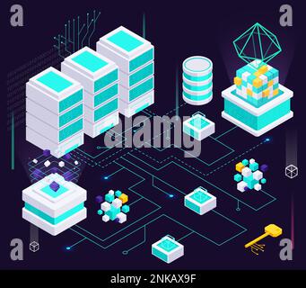 Data economy isometric composition with flowchart of digital keys neon glowing holograms cubes and server racks vector illustration Stock Vector