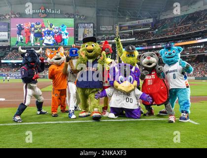 Houston, Texas, USA. 28th May, 2017. Orbit celebrates his birthday with  fans and mascot friends before the MLB baseball game between the Baltimore  Orioles and the Houston Astros at Minute Maid Park