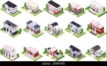 Classic architecture isometric set of isolated house images surrounded by trees plant hedge on blank background vector illustration Stock Vector