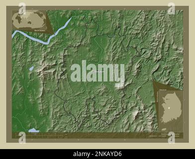 Daejeon, metropolitan city of South Korea. Elevation map colored in wiki style with lakes and rivers. Locations and names of major cities of the regio Stock Photo