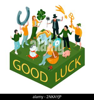 Fortunate Image Isometric good luck symbols composition with 3d text and icons of ...