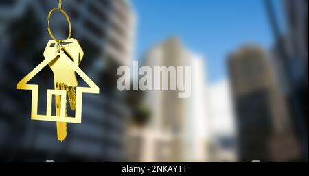 Image of golden key and house over cityscape Stock Photo