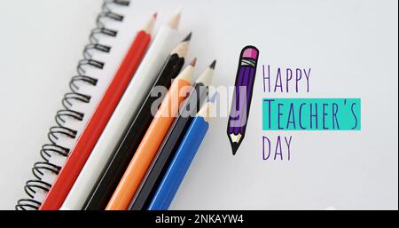 Image of happy teachers day text over pencils and notebook Stock Photo