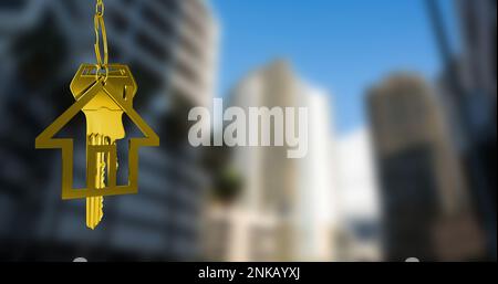 Image of golden key and house over cityscape Stock Photo