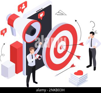 Business growth strategy isometric composition with megaphone and target icons with social reactions and human characters vector illustration Stock Vector