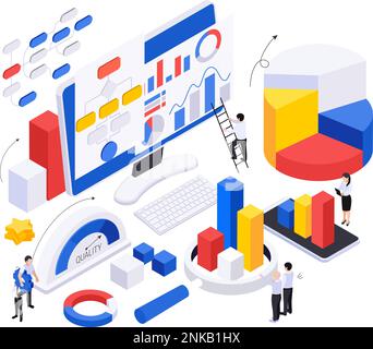 Business growth strategy isometric composition with bar chart and circular graph elements computer screen and workers vector illustration Stock Vector
