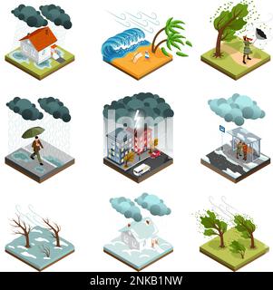 Isometric storm weather icon set nine isolates with different weather manifestations wind rain hurricane vector illustration Stock Vector