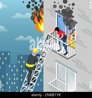 Isometric firefighter composition firefighter rescues a person from balcony in burning house vector illustration Stock Vector