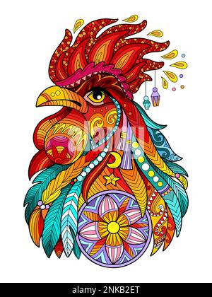 Abstract rooster bird head with tangle doodle elements. Vector colorful illustration isolated on white background. For design, print, decor, tattoo, t Stock Vector
