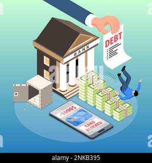 Isometric credit problems abstract situation composition man goes down because of the debt that shows the big hand vector illustration Stock Vector