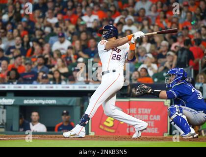 Houston Astros' Jose Siri watches his line drive triple against the Oakland  Athletics during the third inning of a baseball game in Oakland, Calif.,  Monday, May 30, 2022. (AP Photo/John Hefti Stock