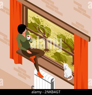 Isometric storm weather colored composition girl and her cat sit at home on the window sill and watch the strong wind outside the window vector illust Stock Vector