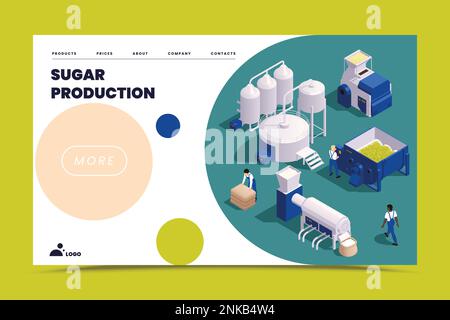 Sugar production isometric landing page with information about equipment for technological process vector illustration Stock Vector