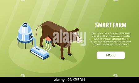 Isometric smart farm horizontal banner with automatic cow milking and big headline vector illustration Stock Vector