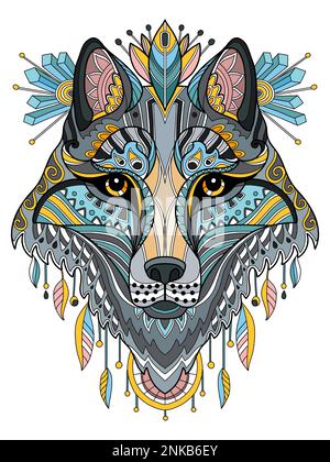 Abstract head of wolf close up with tangle doodle elements. Vector colorful illustration isolated on white background. For design, print, decor, tatto Stock Vector