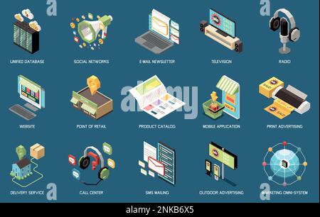 Omni channel marketing icons isometric set with global commerce solution elements isolated vector illustration Stock Vector
