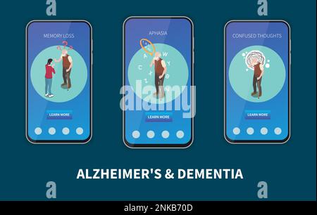 Dementia and Alzheimer isometric concept set with disease control mobile app templates isolated vector illustration Stock Vector