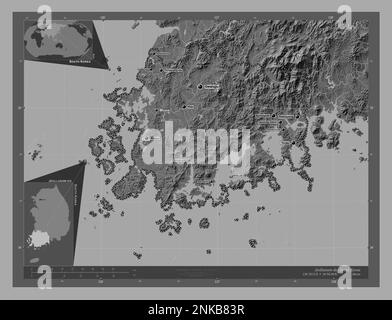 Jeollanam-do, province of South Korea. Bilevel elevation map with lakes and rivers. Locations and names of major cities of the region. Corner auxiliar Stock Photo