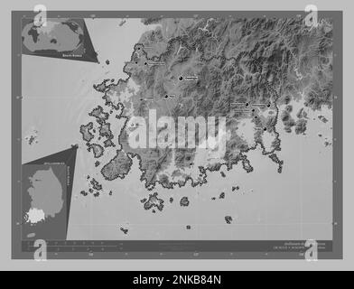 Jeollanam-do, province of South Korea. Grayscale elevation map with lakes and rivers. Locations and names of major cities of the region. Corner auxili Stock Photo