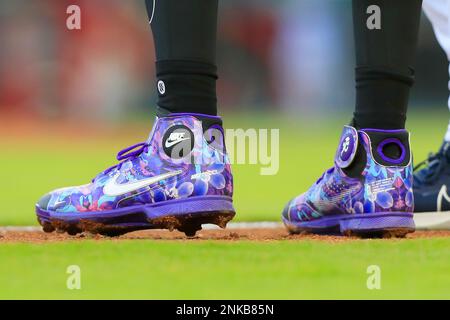 A detailed view of Nike baseball cleats during the game between