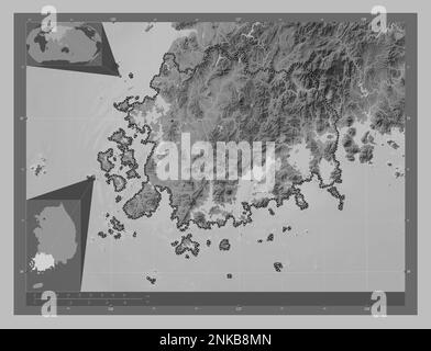 Jeollanam-do, province of South Korea. Grayscale elevation map with lakes and rivers. Corner auxiliary location maps Stock Photo