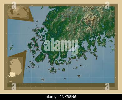 Jeollanam-do, province of South Korea. Colored elevation map with lakes and rivers. Corner auxiliary location maps Stock Photo