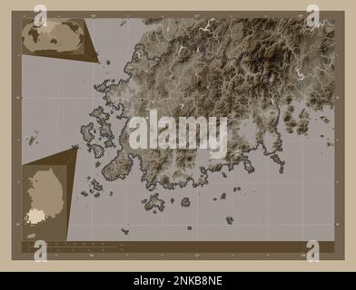 Jeollanam-do, province of South Korea. Elevation map colored in sepia tones with lakes and rivers. Corner auxiliary location maps Stock Photo