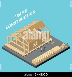 Modular building isometric concept with timber frame construction site vector illustration Stock Vector