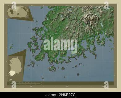 Jeollanam-do, province of South Korea. Elevation map colored in wiki style with lakes and rivers. Corner auxiliary location maps Stock Photo