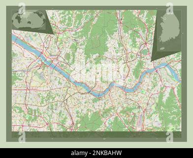Seoul, capital metropolitan city of South Korea. Open Street Map. Corner auxiliary location maps Stock Photo