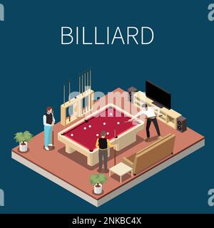 Indoor and table games isometric concept with men playing billiard vector illustration Stock Vector