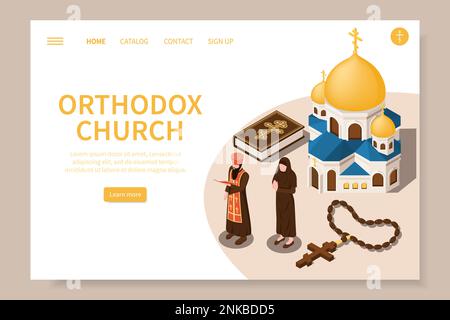 Orthodox christian web site with religion symbols isometric vector illustration Stock Vector