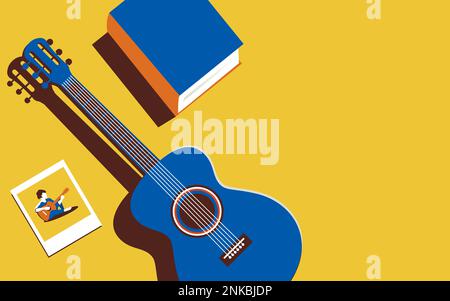 Vector illustration of a guitar and other items on a yellow background. Minimalistic illustration in trendy colors. Music concept or memories Stock Vector