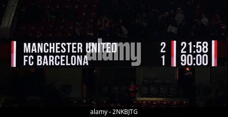 Manchester, England, 23rd February 2023. The scoreboard at the end of the game  during the UEFA Europa League match at Old Trafford, Manchester. Picture credit should read: Andrew Yates / Sportimage Stock Photo