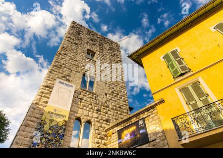 Vence, France - August 6, 2022: Municipal Musee de Vence museum of arts with medieval stone tower at Place du Frene square in historic old town quarte Stock Photo