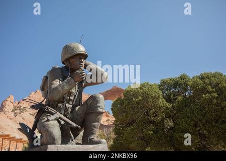 A photo of the Navajo Code Talker Memorial at Window Rock, Ariz., taken Aug. 13, 2022. During the battle of Iwo Jima, six Navajo Code Talker Marines successfully transmitted more than 800 messages without error. According to Major Howard Connor, the 5th Marine Division signal officer during the battle, “Were it not for the Navajos, the Marines would never have taken Iwo Jima.” Stock Photo