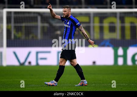 Milan, Italy. 22 February 2023. Milan Skriniar of FC Internazionale gestures during the UEFA Champions League round of 16 football match between FC Internazionale and FC Porto. Credit: Nicolò Campo/Alamy Live News Stock Photo