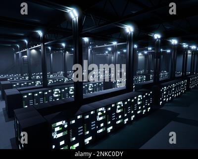 Supercomputer Render Render farm with server racks used for coding process and hardware ...