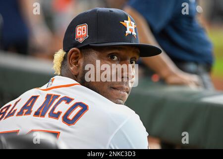 Houston Astros relief pitcher Ronel Blanco looks skyward after a double  play ball during the ninth inning of a baseball game against the San  Francisco Giants, Tuesday, May 2, 2023, in Houston. (