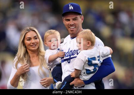 Atlanta Braves' Freddie Freeman, his wife Chelsea and son Charlie arrive  during a celebration at Truist Park, Friday, Nov. 5, 2021, in Atlanta. The  Braves beat the Houston Astros 7-0 in Game