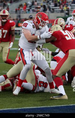 New Jersey Generals Braedon Bowman tight end (80) carries the ball as  Birmingham Stallions safety Christian McFarland (5) tackles him during the  first half of a USFL football game Saturday, April 16