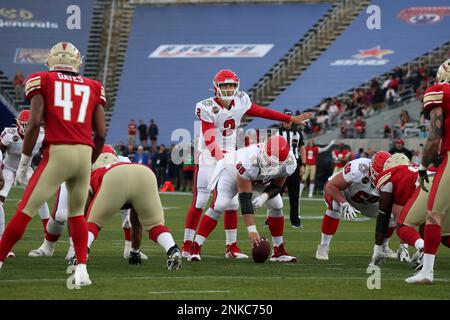 BIRMINGHAM, AL - APRIL 16: New Jersey Generals quarterback Luis Perez (2)  lines up for a play during the inaugural USFL game between the New Jersey  Generals and Birmingham Stallions on April 16, 2022, at Protective Stadium  in Birmingham, AL