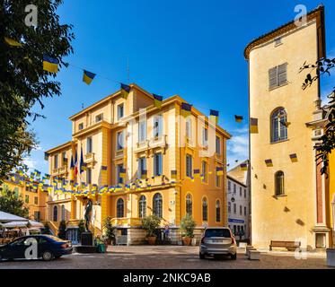 Vence, France - August 6, 2022: Hotel de Ville Town Hall and Municipality office at Place Clemenceau main square in historic old town of medieval rivi Stock Photo