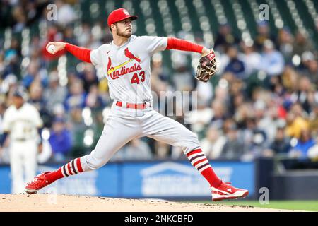 MILWAUKEE, WI - APRIL 17: St. Louis Cardinals pitcher Jordan Hicks (12)  during a game between the Milwaukee Brewers and the St. Louis Cardinals on  April 17, 2022, at American Family Field