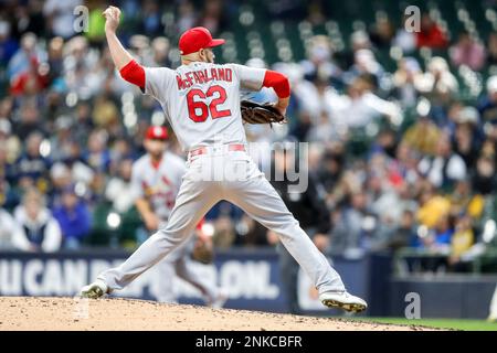 MILWAUKEE, WI - APRIL 17: St. Louis Cardinals pitcher Jordan Hicks (12)  during a game between the Milwaukee Brewers and the St. Louis Cardinals on  April 17, 2022, at American Family Field