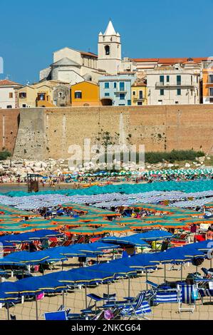 View over bathing beach to the old town with Cattedrale San Basso, Lungomare Colombo, Adria, Termoli, Molise, Italy Stock Photo
