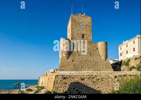 Medieval Staufer Castle, Castello Svevo, on the left a trabucco, Old Town, Termoli, Adriatic Sea, Molise, Italy Stock Photo