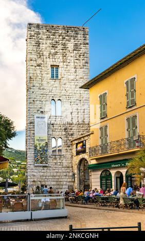 Vence, France - August 6, 2022: Municipal Musee de Vence museum of arts with medieval stone tower at Place du Frene square in historic old town quarte Stock Photo